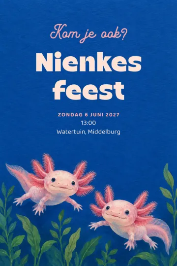 Uitnodiging Kinderfeest, ontwerp Axolotlfeest